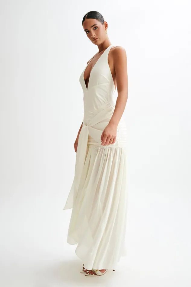 Women Meshki Dresses Graziana Satin Chiffon Plunge Maxi Dress 8211 Ivory