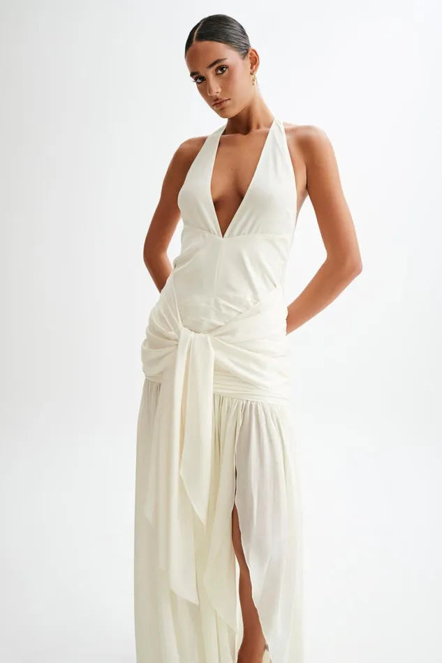 Women Meshki Dresses Graziana Satin Chiffon Plunge Maxi Dress 8211 Ivory
