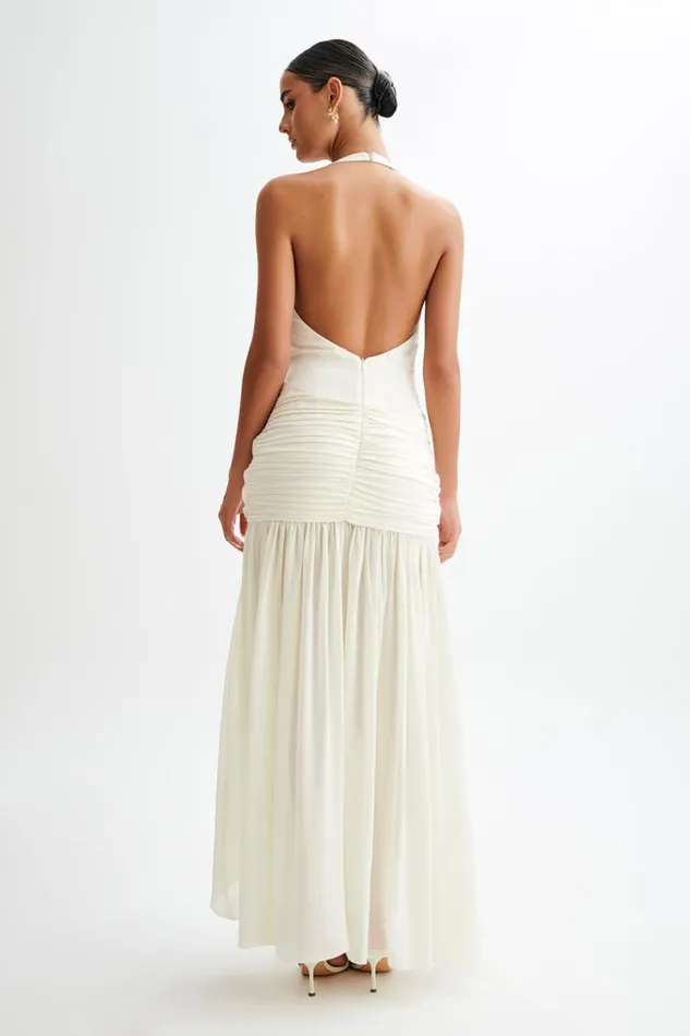Women Meshki Dresses Graziana Satin Chiffon Plunge Maxi Dress 8211 Ivory