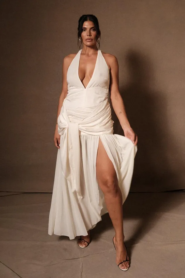 Women Meshki Dresses Graziana Satin Chiffon Plunge Maxi Dress 8211 Ivory