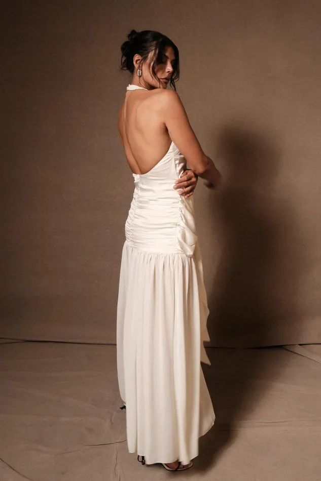 Women Meshki Dresses Graziana Satin Chiffon Plunge Maxi Dress 8211 Ivory