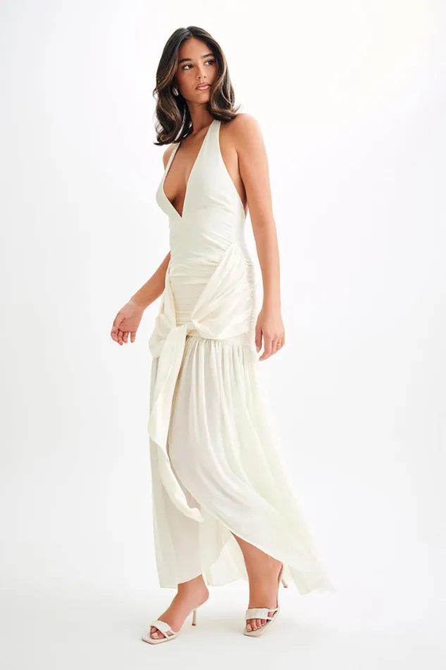 Women Meshki Dresses Graziana Satin Chiffon Plunge Maxi Dress 8211 Ivory