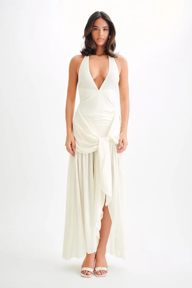 Women Meshki Dresses Graziana Satin Chiffon Plunge Maxi Dress 8211 Ivory