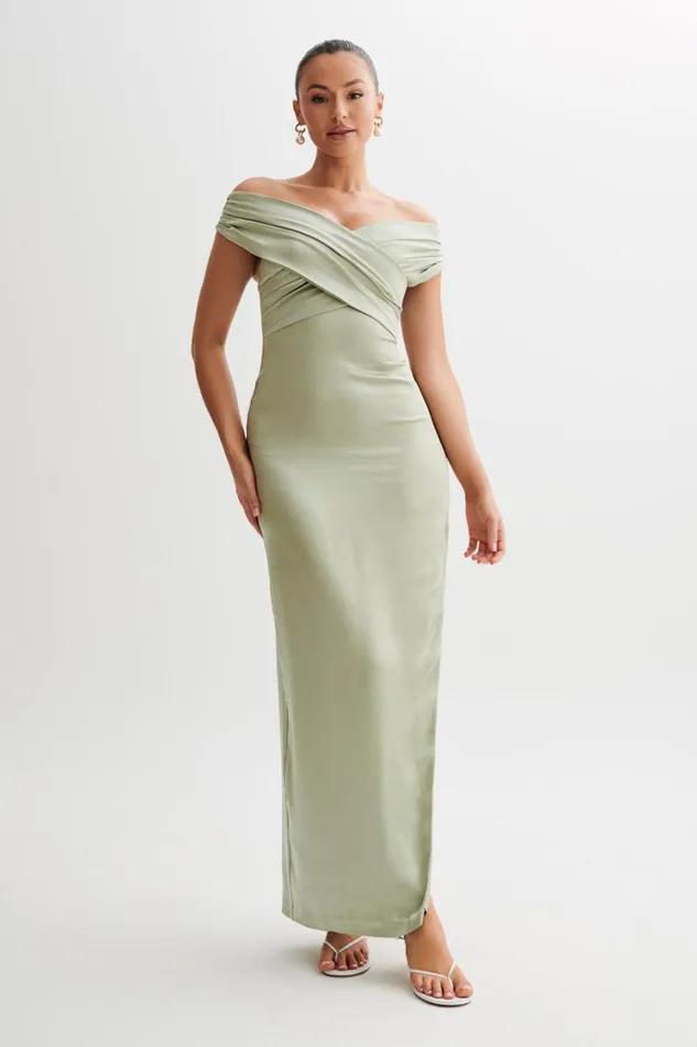 Women Meshki Dresses Harley Off Shoulder Satin Maxi Dress 8211 Sage