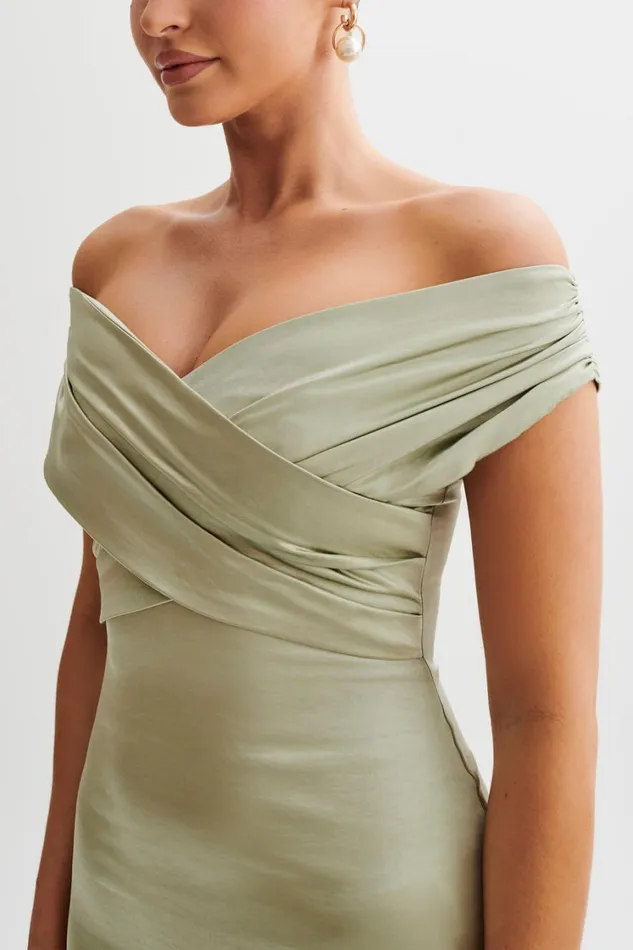 Women Meshki Dresses Harley Off Shoulder Satin Maxi Dress 8211 Sage
