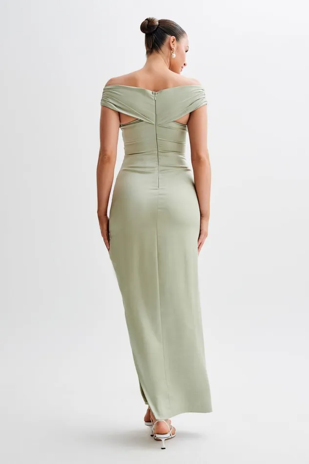 Women Meshki Dresses Harley Off Shoulder Satin Maxi Dress 8211 Sage