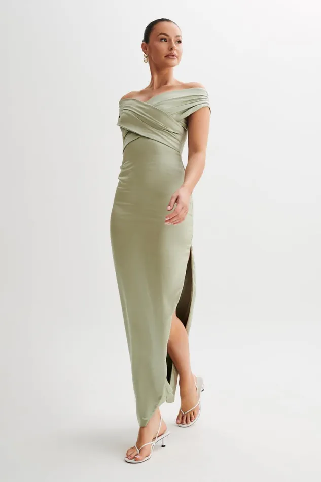 Women Meshki Dresses Harley Off Shoulder Satin Maxi Dress 8211 Sage