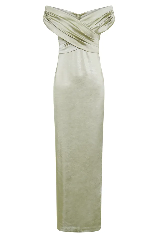 Women Meshki Dresses Harley Off Shoulder Satin Maxi Dress 8211 Sage