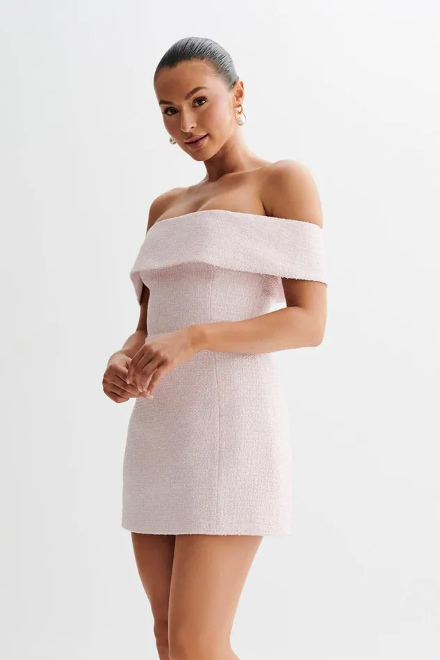 Women Meshki Dresses Helena Tweed Off Shoulder Mini Dress 8211 Pink