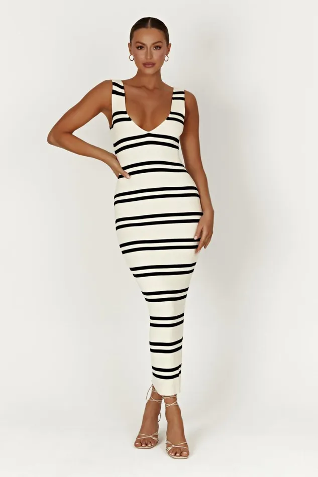 Women Meshki Dresses Henrietta Stripe Knit Maxi Dress 8211 BlackWhite