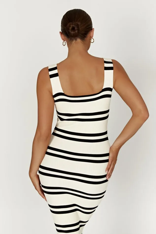 Women Meshki Dresses Henrietta Stripe Knit Maxi Dress 8211 BlackWhite