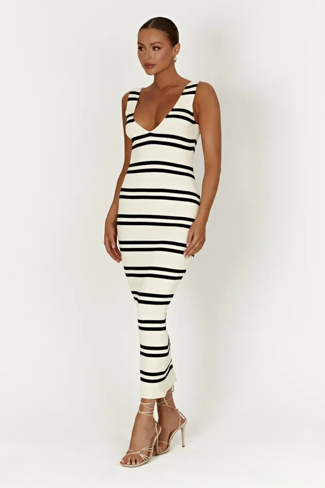 Women Meshki Dresses Henrietta Stripe Knit Maxi Dress 8211 BlackWhite