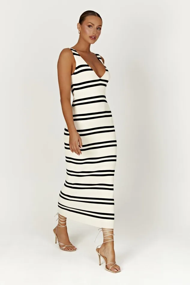 Women Meshki Dresses Henrietta Stripe Knit Maxi Dress 8211 BlackWhite