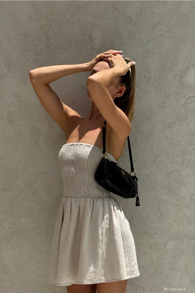 Women Meshki Dresses Holland Linen Shirring Mini Dress 8211 Natural