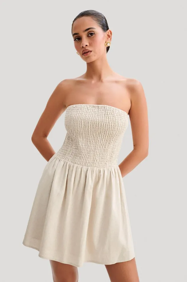 Women Meshki Dresses Holland Linen Shirring Mini Dress 8211 Natural