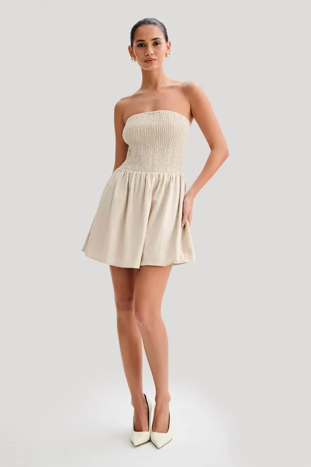 Women Meshki Dresses Holland Linen Shirring Mini Dress 8211 Natural