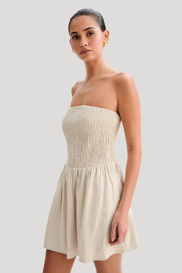 Women Meshki Dresses Holland Linen Shirring Mini Dress 8211 Natural