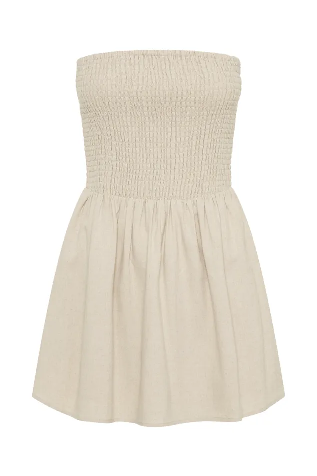Women Meshki Dresses Holland Linen Shirring Mini Dress 8211 Natural