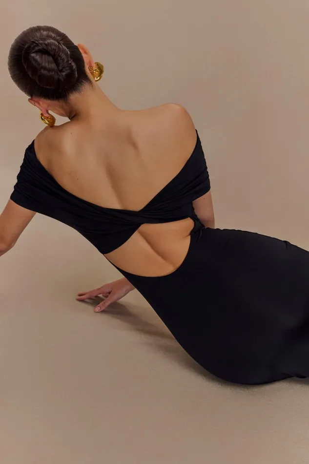 Women Meshki Dresses Imogen Off Shoulder Slinky Maxi Dress 8211 Black