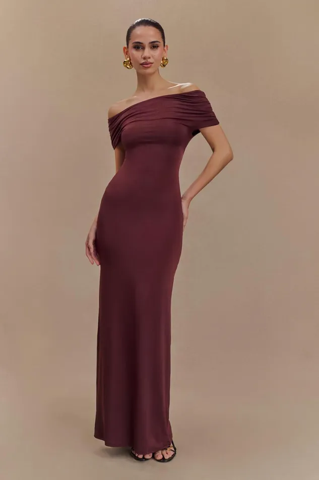 Women Meshki Dresses Imogen Off Shoulder Slinky Maxi Dress 8211 Mahogany