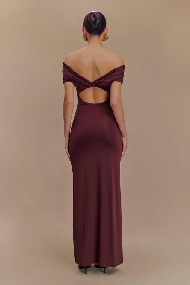 Women Meshki Dresses Imogen Off Shoulder Slinky Maxi Dress 8211 Mahogany