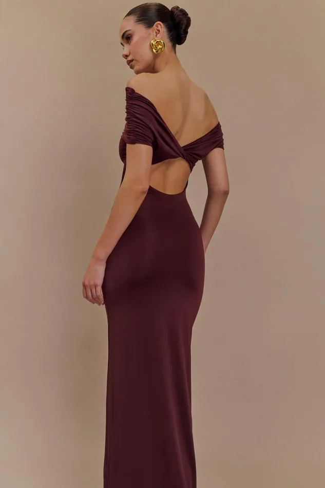 Women Meshki Dresses Imogen Off Shoulder Slinky Maxi Dress 8211 Mahogany