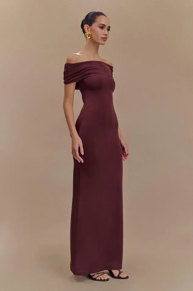 Women Meshki Dresses Imogen Off Shoulder Slinky Maxi Dress 8211 Mahogany