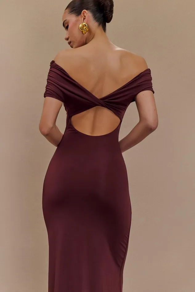 Women Meshki Dresses Imogen Off Shoulder Slinky Maxi Dress 8211 Mahogany