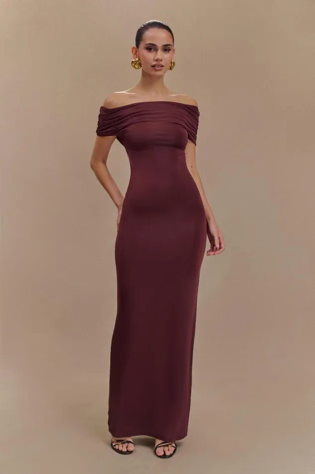 Women Meshki Dresses Imogen Off Shoulder Slinky Maxi Dress 8211 Mahogany