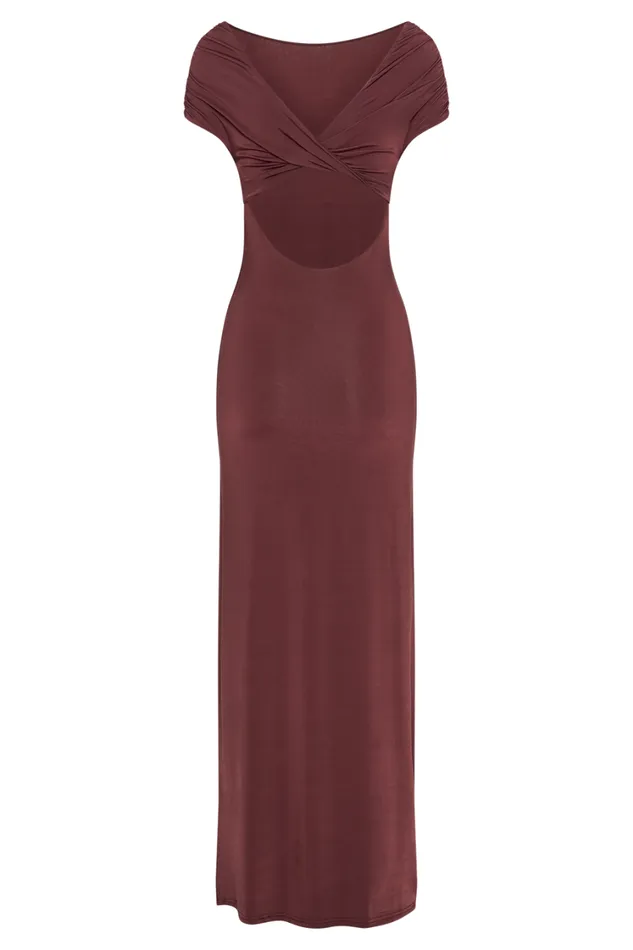 Women Meshki Dresses Imogen Off Shoulder Slinky Maxi Dress 8211 Mahogany