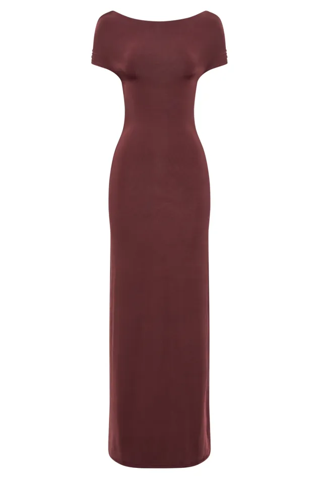 Women Meshki Dresses Imogen Off Shoulder Slinky Maxi Dress 8211 Mahogany