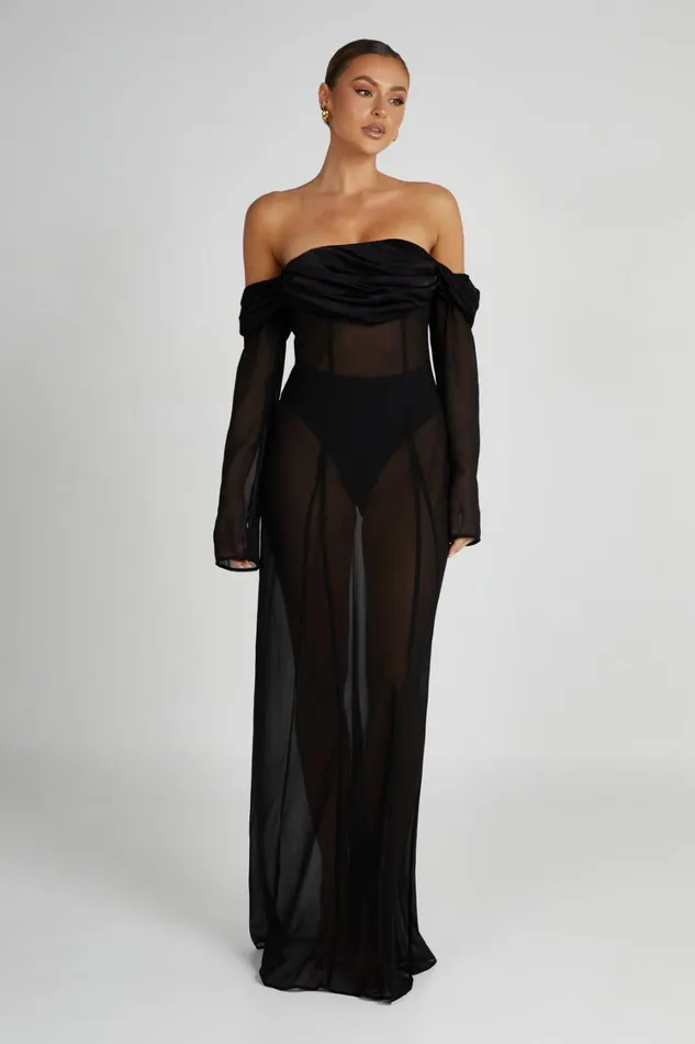 Women Meshki Dresses Ivanna Off Shoulder Chiffon Maxi Dress 8211 Black