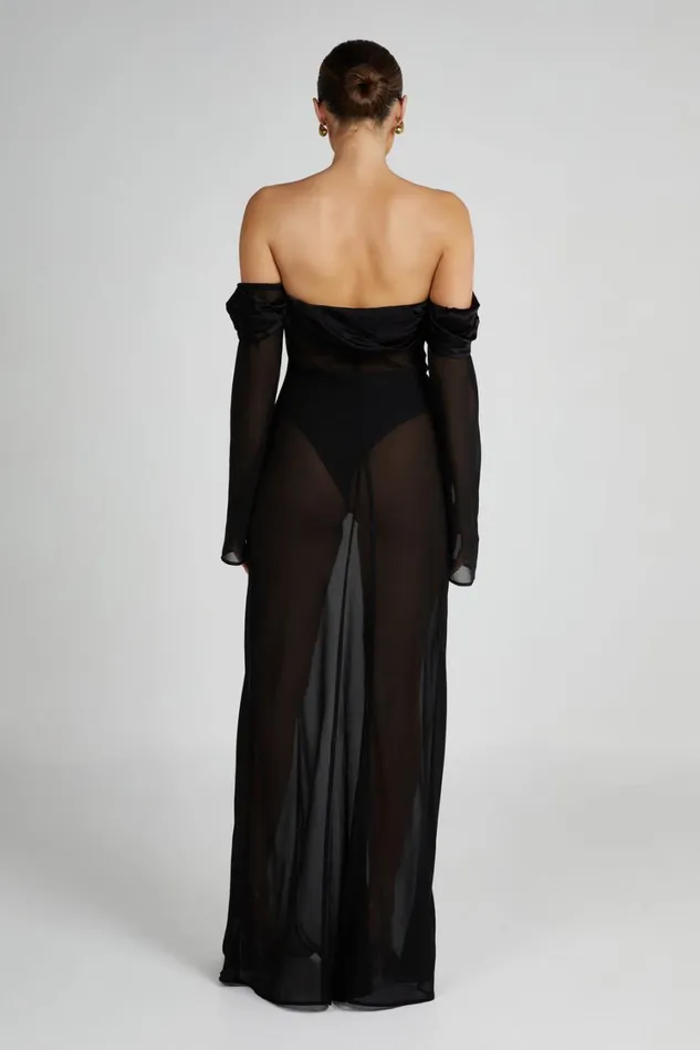 Women Meshki Dresses Ivanna Off Shoulder Chiffon Maxi Dress 8211 Black
