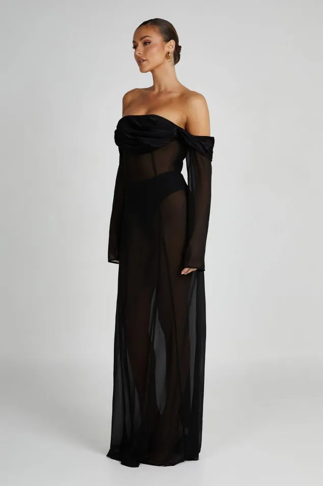 Women Meshki Dresses Ivanna Off Shoulder Chiffon Maxi Dress 8211 Black