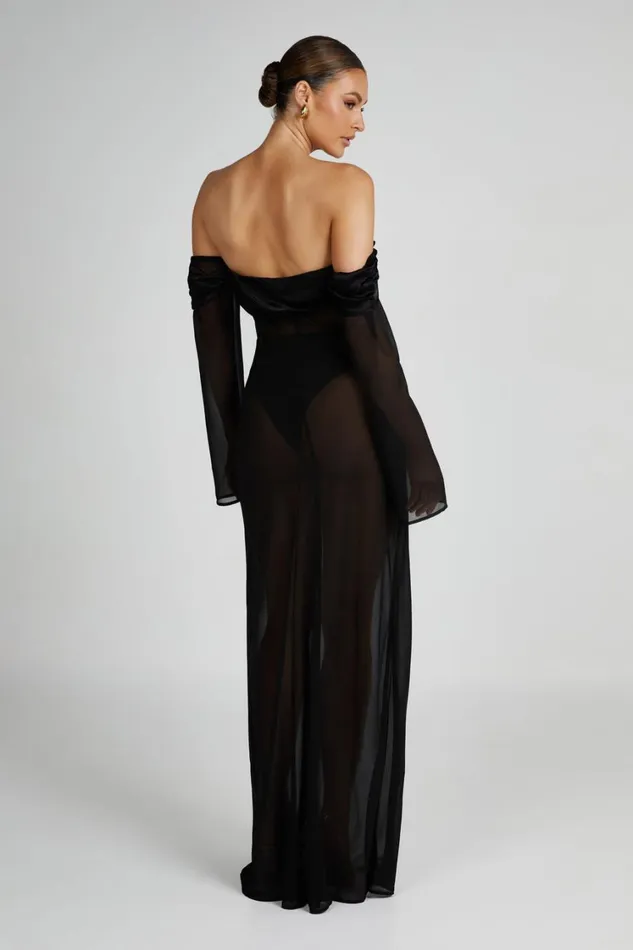 Women Meshki Dresses Ivanna Off Shoulder Chiffon Maxi Dress 8211 Black