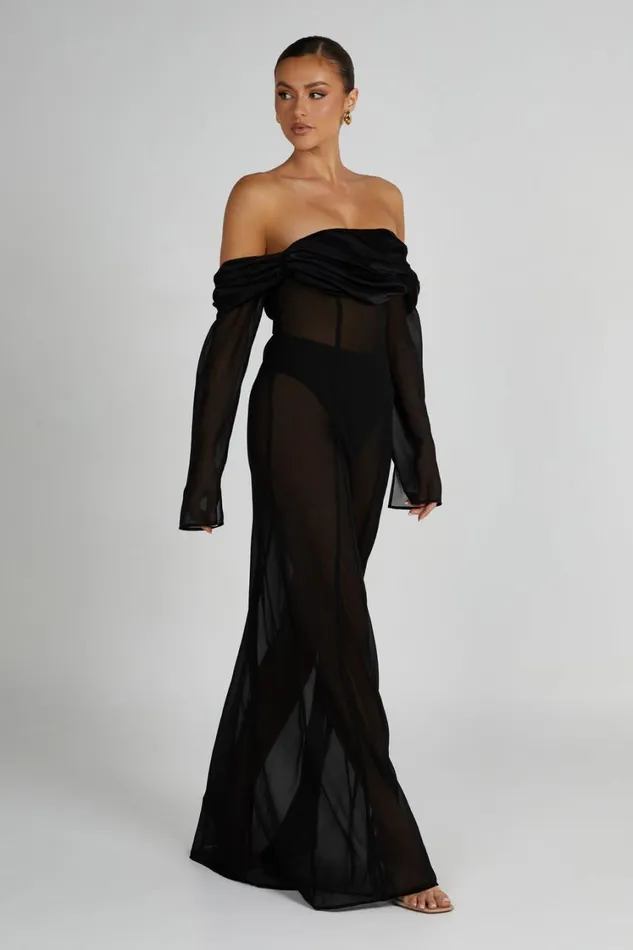 Women Meshki Dresses Ivanna Off Shoulder Chiffon Maxi Dress 8211 Black