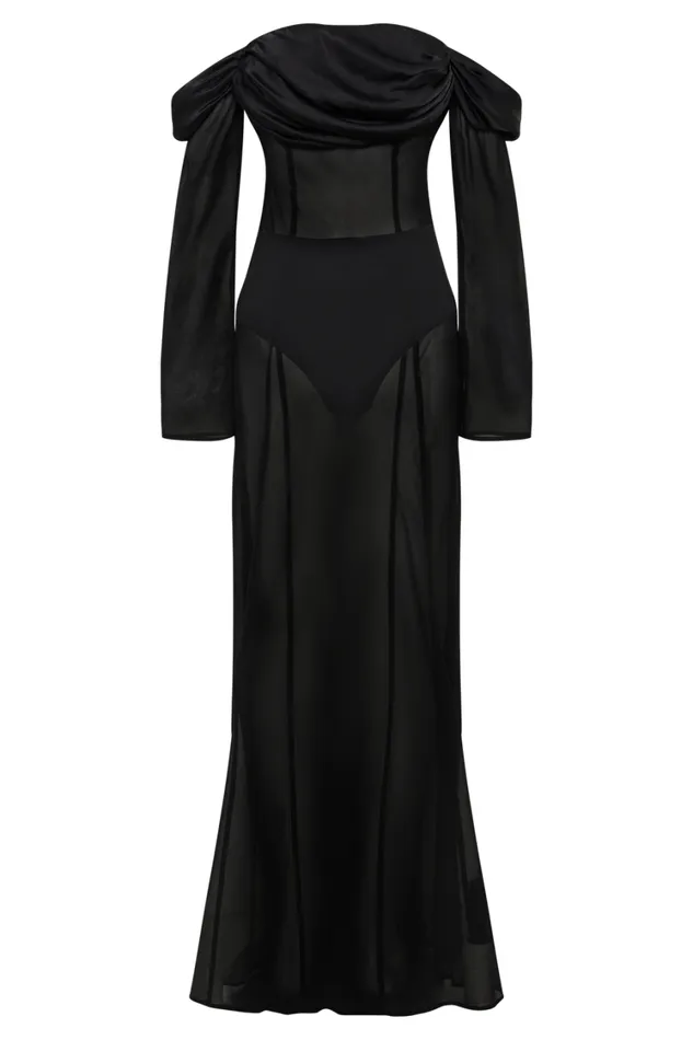 Women Meshki Dresses Ivanna Off Shoulder Chiffon Maxi Dress 8211 Black