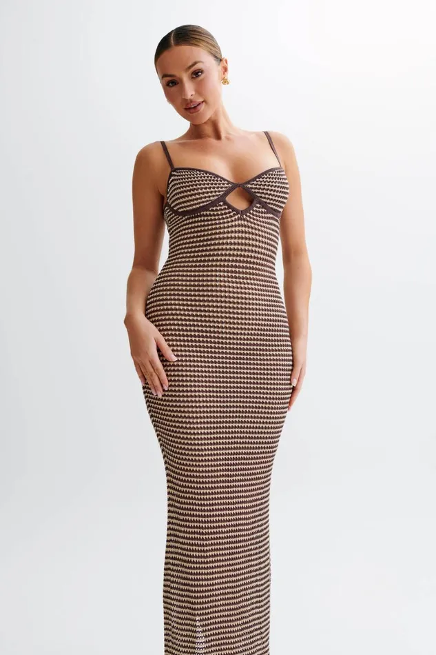 Women Meshki Dresses Jeannie Stripe Cupped Knit Maxi Dress 8211 ChocolateNude