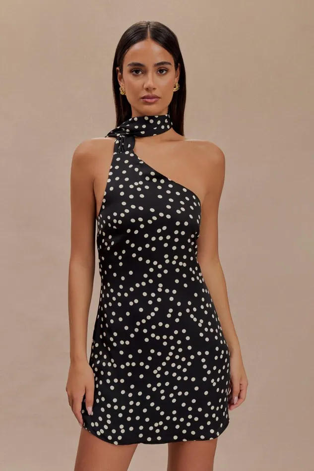 Women Meshki Dresses Joan Satin Asymmetrical Mini Dress 8211 Black Polka Dot Print Women Meshki Dresses Joan Satin Asymmetrical Mini Dress 8211 Black Polka Dot Print