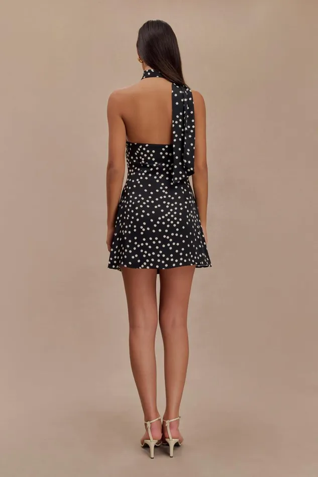 Women Meshki Dresses Joan Satin Asymmetrical Mini Dress 8211 Black Polka Dot Print
