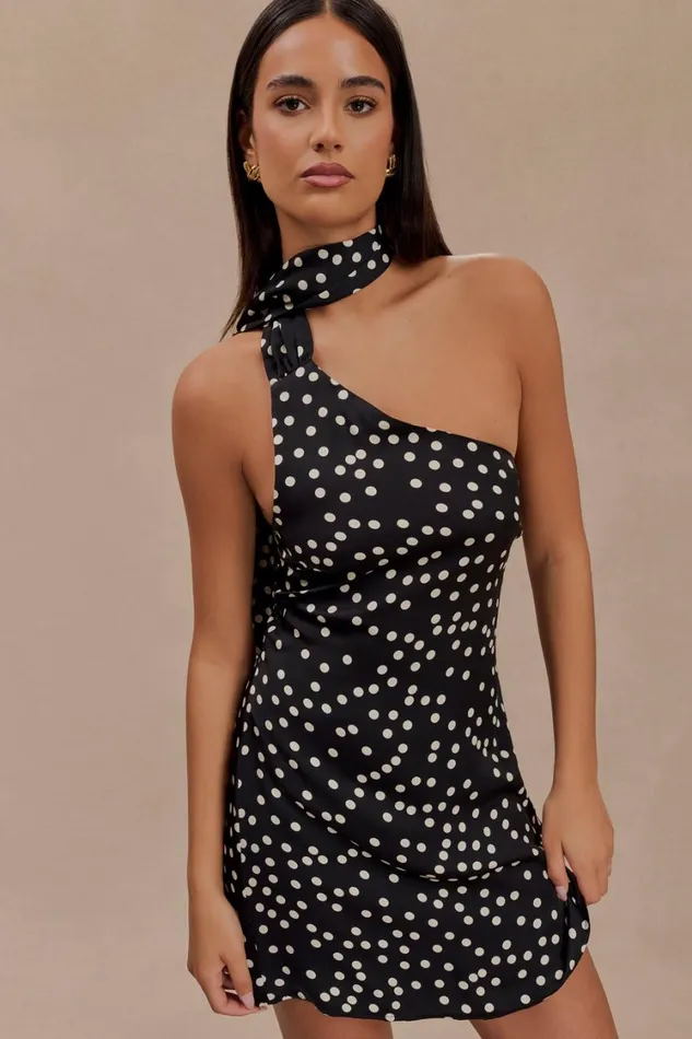 Women Meshki Dresses Joan Satin Asymmetrical Mini Dress 8211 Black Polka Dot Print