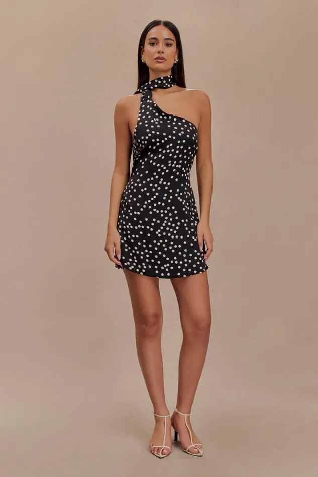 Women Meshki Dresses Joan Satin Asymmetrical Mini Dress 8211 Black Polka Dot Print