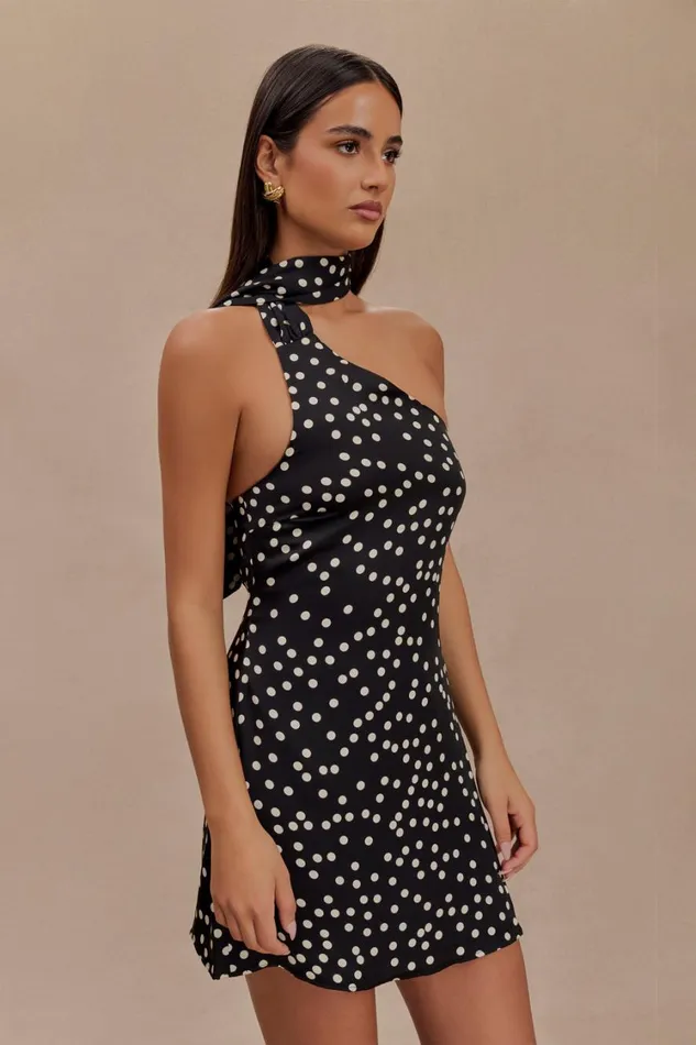 Women Meshki Dresses Joan Satin Asymmetrical Mini Dress 8211 Black Polka Dot Print