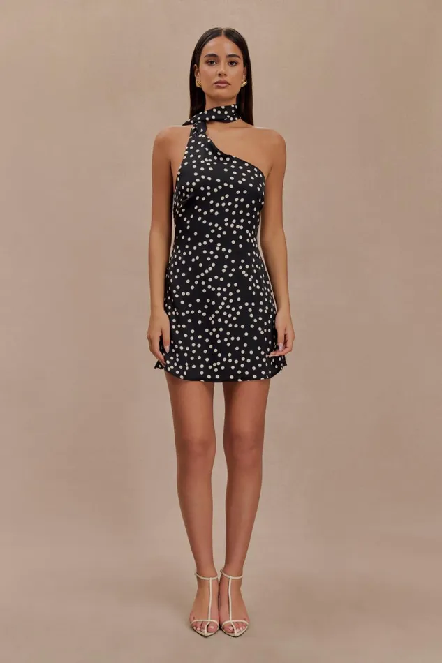 Women Meshki Dresses Joan Satin Asymmetrical Mini Dress 8211 Black Polka Dot Print