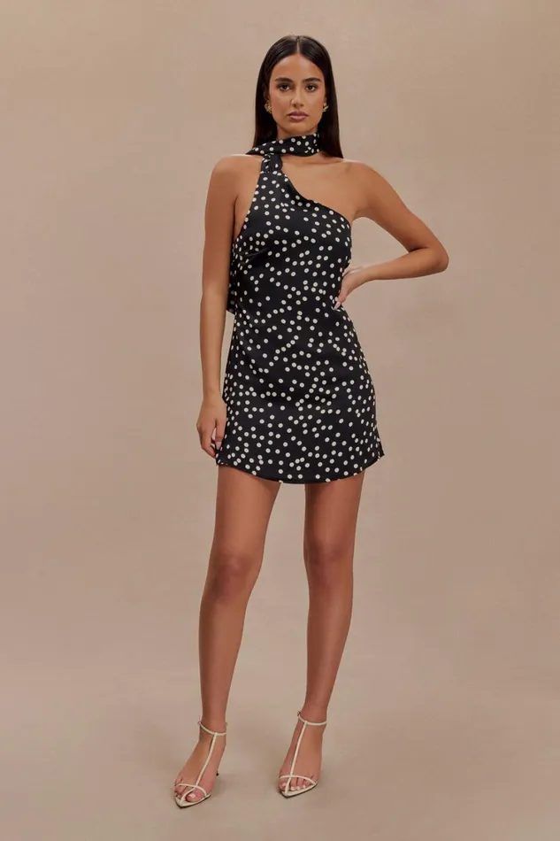 Women Meshki Dresses Joan Satin Asymmetrical Mini Dress 8211 Black Polka Dot Print