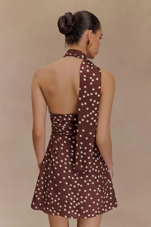 Women Meshki Dresses Joan Satin Asymmetrical Mini Dress 8211 Brown Polka Dot Print