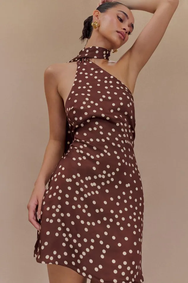 Women Meshki Dresses Joan Satin Asymmetrical Mini Dress 8211 Brown Polka Dot Print