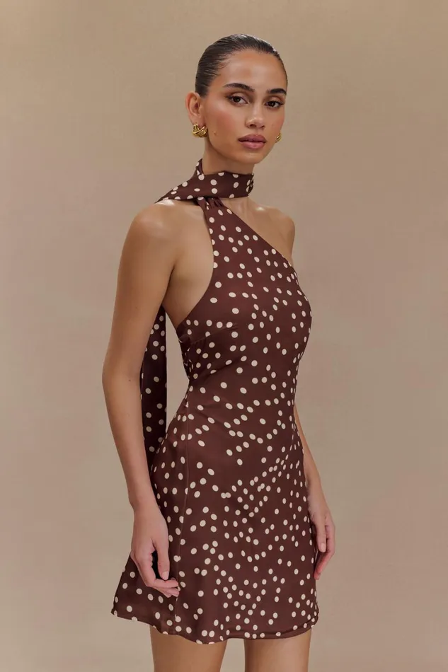 Women Meshki Dresses Joan Satin Asymmetrical Mini Dress 8211 Brown Polka Dot Print