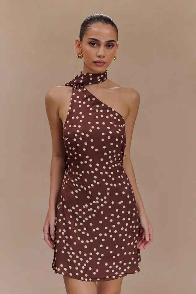 Women Meshki Dresses Joan Satin Asymmetrical Mini Dress 8211 Brown Polka Dot Print