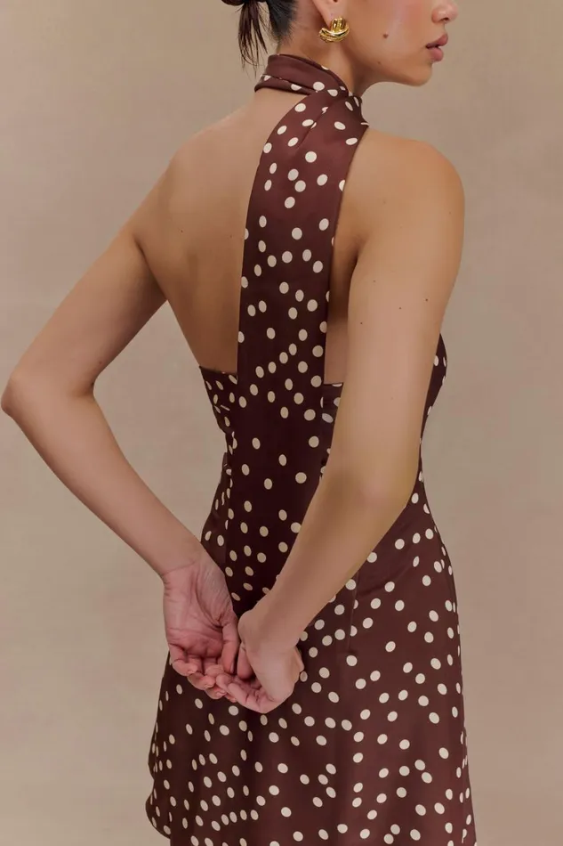 Women Meshki Dresses Joan Satin Asymmetrical Mini Dress 8211 Brown Polka Dot Print